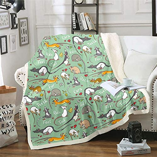 Homewish Kinder Ratte Plüsch Bettdecke 130x150 Maus Nagetiere Sherpa Decke Lustige Tierliebe Herz Decke für Jungen Mädchen Kinder Cartoon Stil Fleece Überwurf für Wohnzimmer,Blaugrün