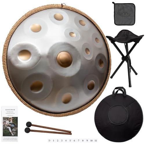 LOMUTY Handpan Drum 12 Töne 22 Zoll Stahltrommel in D-Moll Kurd 440 HZ Steel Tongue Drum mit weicher Tasche, Harmonic Percussion für Sound Healing, Meditation, Yoga, Silber