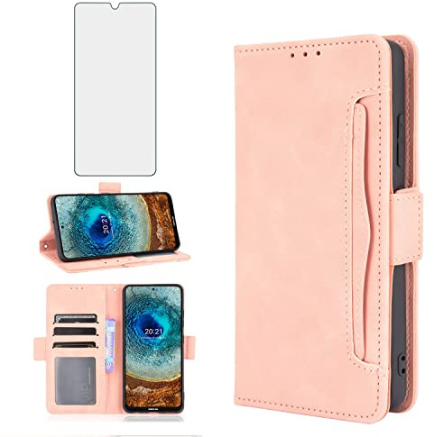 Asuwish Handyhülle für Nokia X10/X20 Hülle mit Glas Folie Schutzfolie Kartenfach Klappbar Leder Geldbörse Ständer Handyhüllen Panzerfolie X 10 20 5G Handy Hüllen Schutzhülle Cover Phone Case Roségold