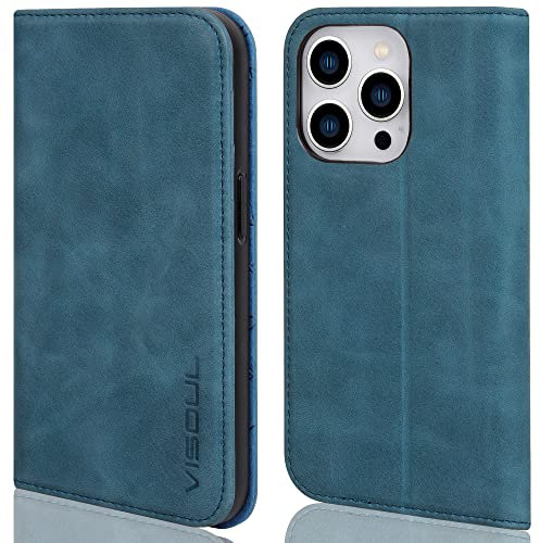 VISOUL Hülle für iPhone 14 Pro Handyhülle Erstklassiges Echtleder Schützt vor Stoß 3 Kartenfächer Magnet Standfunktion TPU RFID Schutzhülle Lederhülle Blau