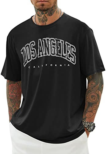Minetom Oversized Tshirt Herren Rundhals Kurzarm Lose Sommer Oberteile Mode T-Shirt mit Los Angeles Grafik Kreativen Buchstaben Vintage Drucken Streetwear Sport Casual Lang Tops A Schwarz L