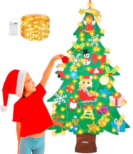 DeFieltro Árbol de Navidad de Fieltro para Niños con Luces LED – 100 cm y 28 Adornos Decorativos Reutilizables – Ideal para Puertas y Paredes – Juguete Seguro y Creativo para Navidad