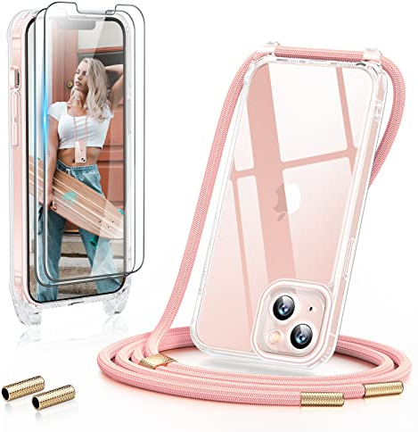 GOODVISH 3 en 1 Coque Transparente pour iPhone 13 6,1’’ avec Cordon de Collier - avec 2 Verre Trempé - Etui TPU Bumper avec Cordon Réglable, Téléphone Lanyard Case Protection Complète, Rose