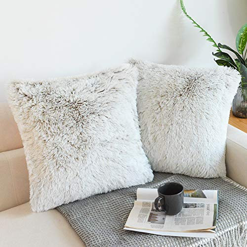 NordECO HOME 2er Set kissenbezüge 50x50 cm Kissen Braun Ombre Künstlich Pelz Fellkissen Dekorative Deko Kissen Kuschelkissen Flauschig Sofakissen Weich Plüschkissen für Sofa