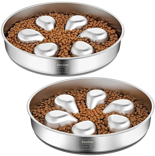 2Pcs Slow Feeder Dog Bowls 3Cups Large Capacity, 304 Stainless Steel Dog Bowl, Metal Food Bowl with Non-Slip Base, Food-Grade