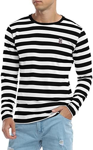 KUYIGO Mens Long Sleeve Striped T-Shirt Classic Round Neck Versatile Young Fashion Tops M Black White