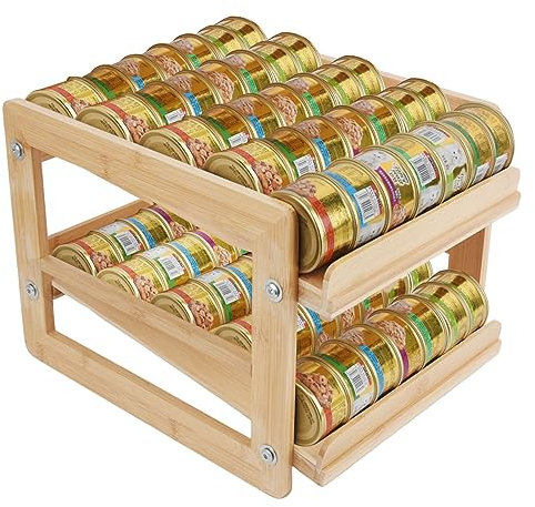 YeeBeny Cat Food Organizer, Wet Cat Food Storage Rack, Holds 48 5.5 Ounce Cans, Wooden Two Ply, Rustic/Elegant Style, Small Size