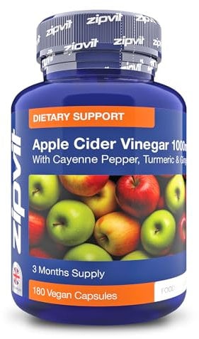 Zipvit Apple Cider Vinegar Capsules 1000mg, High Strength ACV with Turmeric, Ginger and Cayenne Pepper, 180 Vegan Tablets, 3 Months Supply