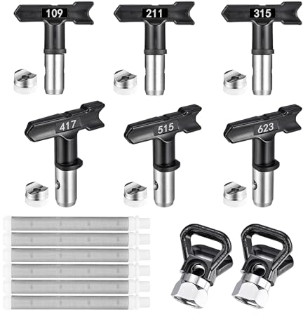 Mogokoyo 14 Stück Airless Düse Set 6 Airless Farbsprühdüsenspitzen 6 Airless Spritzpistole Filterelemente & 2 Düsenspitzenschutz für Airless Farbsprühsysteme