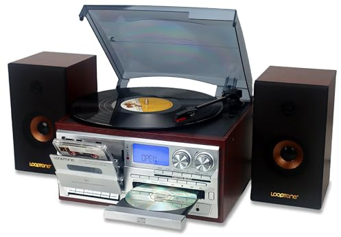 LoopTone - 15W 10 in 1 Dual External Speakers Vinyl Record Player 3 Speed Bluetooth Classic Record Player CD AM/FM Cassette Player USB Recorder Input