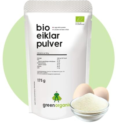 Poudre de blanc d'oeuf bio pure à base d'œuf bio pour la cuisson, la pâtisserie et les milk-shakes, pasteurisées, séchées par pulvérisation, 175 g GreenOrganic