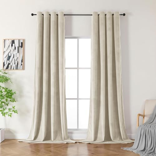 CUCRAF Samtvorhang mit Ösen 2er Set, blickdichte und lichtundurchlässige Vorhänge, H 245 x B 140cm, luxuriöse wärmeisolierende Vorhänge für Wohnzimmer und Schlafzimmer (Elfenbeinweiß)