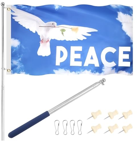GHVACZS Bandiera della pace, 150 x 90 cm, con 1 asta in acciaio inox, 4 fibbie e 6 chiodi, per balcone, terrazza e giardino