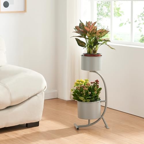 [en.casa] Soporte para Plantas en Forma de C Estantería de Pie con 2 Maceteros Incluidos para Flores Organizador de Macetas para Oficina Portamacetas Metal 63x29x21cm - Gris Oscuro