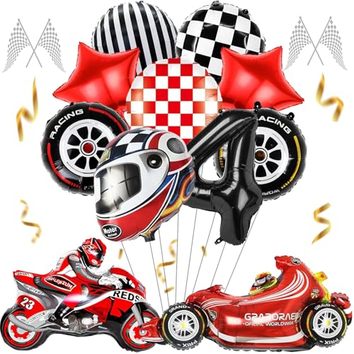 Mizijia 11 Stück Rennauto Geburtstagsdeko 4 Jahre Junge, Motorrad Renngitter Luftballons Set, Party Deko Ballons, Helm Folienballon Deko, Kinder Luftballons Deko, Geburtstag Deko Party (4)