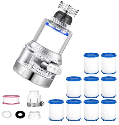 VIPMOON Filtre Robinet Anti Calcaire Rotatif à 360°, Filtre à Robinet Avec 9 Filtres En Coton PP, Filtre Robinet pour Maison, Cuisine, Salle De Bain, L'Évier, 3 Modes De Fonctionnement