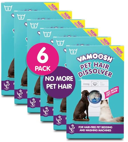 Vamoosh Quita Pelos Mascota para Detergente Lavadora - 18x100g (6 Cajas), Quitapelos para Mascotas, Perro y Gato, Limpiador de Lavadora, Disuelve Fácilmente el Pelo de Perro y Gato, 18 Lavados