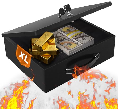 Fireproof Document Box with Key Lock – Fire Resistant Safe Box for Home, Portable Lock Box for Personal Items, Passport, Cash, Tablet, 13.2 x 11 x 4.13 Black XL