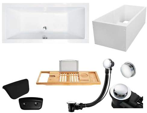 KOLMAN KOMPLETTSET 6in1 Acryl Wanne Badewanne Rechteck 170x75 cm QUADRO Made in EU + Wannenträger + Badewannentablett Holzablage + Badkissen, mit Ablaufgarnitur in Chrom & Wannenfüße
