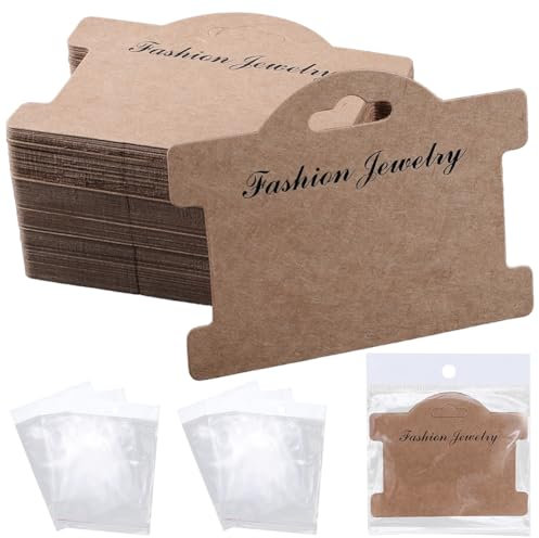 SOFPLATE 100 pièces 3.78 x 2.95 pouces Cartes D'Affichage de Bijoux Cartes D'Affichage de Collier avec Sacs Chameau Carton Papier Bracelet Suspendus Porte Cartes D'Affichage pour L'Emballage de Bijoux