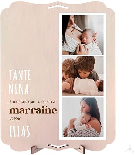 nagu® Cadre Photo en Bois – Cadeaux Personnalisés – Veux-tu être ma marraine – Souvenirs de Baptême pour Bébé – Photo 10x15 cm – Support de Table – Dos Lisse pour Dédiace Spéciale