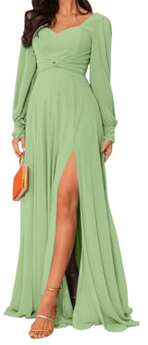 HPPEE Long Sleeve Sage Green Bridesmaid Dresses with Pockets for Women Chiffon Formal Dress with Slit A Line Wedding Guest Gown UK16