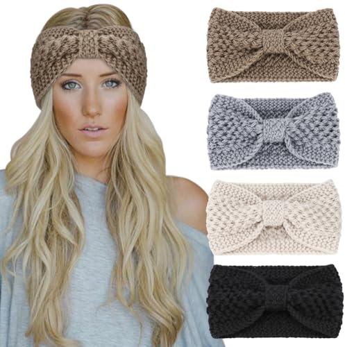 DRESHOW 4 Pièces Bandeau Cheveux pour Femme Bandeaux Hiver Serre-Tête Tricoté Oreille Réchauffeur Chaud Noué Bande Elastique Cheveux