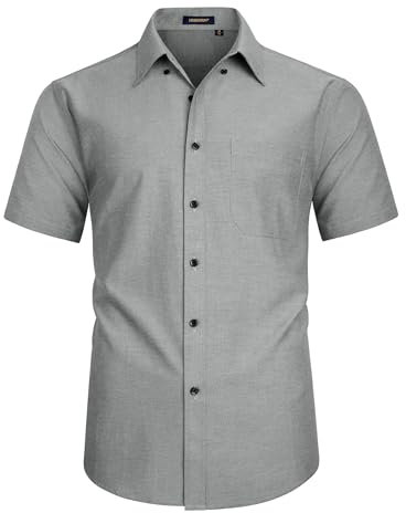 HISDERN Mens Short Sleeved Shirts Oxford Classic Grey Shirt Mens Regular Fit Casual Button Down Shirts for Men with Pocket, L