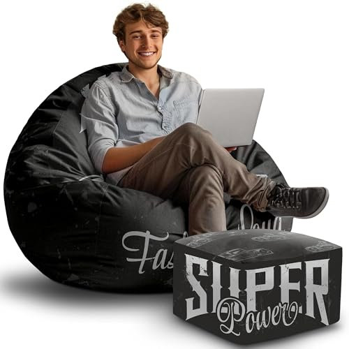 DreamRoots Sitzsack Erwachsene mit Füllung - Bean Bag Chair 90x90x100 cm - Gaming Sitzsack - Sitzsäcke mit Hocker und Bezug Jugendzimmer Jungen,Teenager Samt Stoff 300 gr/m2