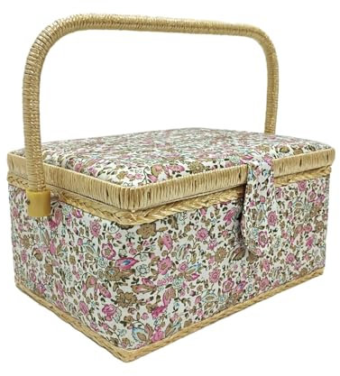 JYC CREATIVE Großer Nähkasten aus Holz, Stoffgefütterter Nähkasten mit 8 Fächern, Organizer mit Nadel, Aufbewahrungsbox mit Griff und Tablett, (Blumen, Mittel)