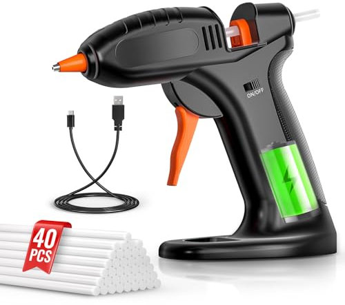 BURNNOVE Pistola per Colla a Caldo Senza Fili, Pistola per Colla a Caldo a 3000mAh Batteria Cavo di Ricarica USB-C 40 Bastoncini di Colla da 7 x 150mm per Lavori Fai da Te Riparazioni Rapide