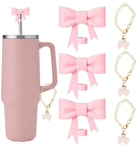 cadelon 6PCS Pink Cup Accessory Set, 3PCS Cup Straw Topper, 3PCS Bow Tie Decorations, Compatible with 30&40oz Toppers, Leak Proof, and Reusable Straw Cover for Cup