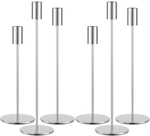 Filltown Silber Kerzenhaltern Set 6, Kandelaber Stabkerzen 32/27/22CM, Dekorativer Vintage-Kerzenhalter aus Metall für Kaminsimse, Hochzeiten, Abendessen, Geburtstage, Tischmitte, Wohnkultur