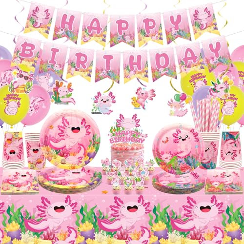 Obussgar Pink Axolotl Geburtstag Party Dekorationen - Axolotl Party Zubehör einschließlich Banner, Teller, Cake Topper, Tasse, Serviette, Ballon, Tischdecke - für 20 Personen (LQ)
