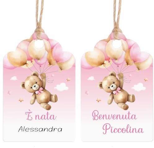 BETESSIN Geschenkanhänger zur Geburt - 60 Stück Geschenkanhänger mit Bär Motiv - Italienische Anhänger Etiketten - Geschenkverpackung zur Babyparty (Rosa)