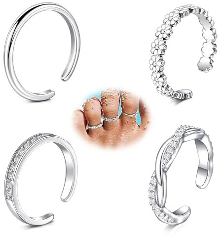 AVYRING 4 Stück Zehenringe für Damen, Verstellbare Offene Fußschmuck Set, Dünner Ring, CZ, Gänseblümchen, Edelstahl Silber, Strand Alltag