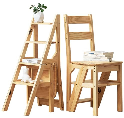 GXXINGIN Klappbare Trittleiter aus Holz, 4-stufiger Bibliotheksstuhl und Hocker, Mehrzweck-Trittleiter zum Klettern, als Ausstellungsstück und als Blumenständer (46 x 35 x 90 cm)