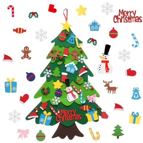 Árbol de Navidad de Fieltro, Árbol de Navidad Montessori, Árbol Navideña DIY, con 31 Adornos Navideños Desmontables, Decoración de Navidad para Paredes y Puertas del Hogar, 98 x 70cm