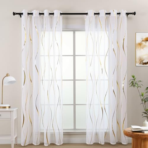 L.Z.E Gold Weiß Gardinen Vorhänge, Transparente Wellenmuster Gardine Vorhang für Wohnzimmer Schlafzimmer Arbeitszimmer, 2er Set Dekogardine Schal mit Ösen, 225 cm Lang (LZE2250E-G225)