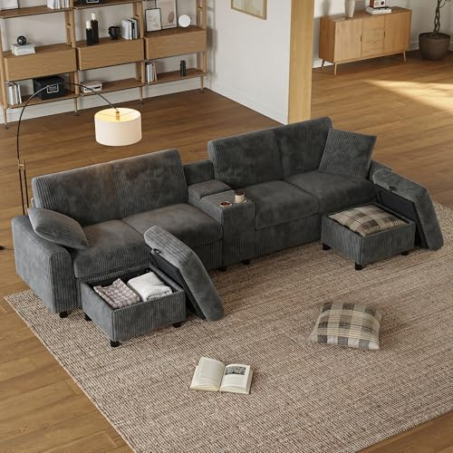 A ALFRESCOOL Wohnlandschaft U Form, Modulares Sofa mit Schlaffunktion, Schlafsofa, aus Corduroy, Inklusive 2 Fußhockern mit Staufunktion, Couchtisch, 2 Getränkehaltern, 315×81×135cm (Grau)