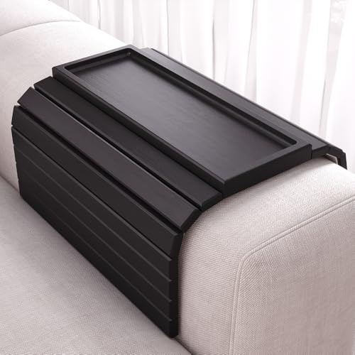 Fibogollo Bambus Sofatablett Armlehne,Flexibel Couch Tablett Armlehnen Tray,rutschfest Sofa Ablager für Snacks,Handy,Control,Tassen (Schwarz)