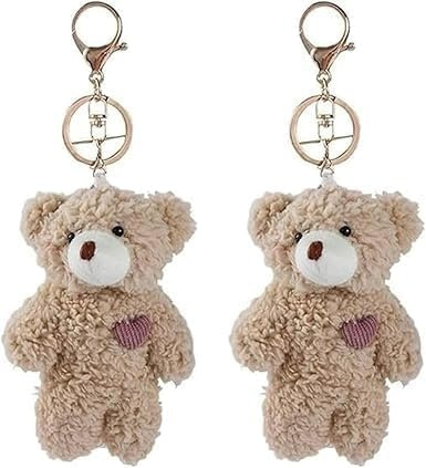 HDouii Mini-Plüsch-Schlüsselanhänger mit braunem Bär, rosa Herz, Plüsch-Schlüsselanhänger, weiche Baumwolle, DIY-Schlüsselanhänger, Basteln, Stofftiere, Autozubehör, 2 Stück