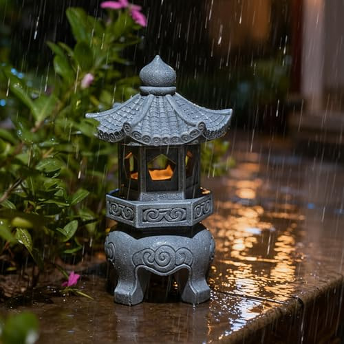 Latemeia Statua da giardino pagoda, lanterna pagoda giapponese solare in resina, paesaggio decorativo giardino zen per prato patio cortile, stile 3, decorazione esterna