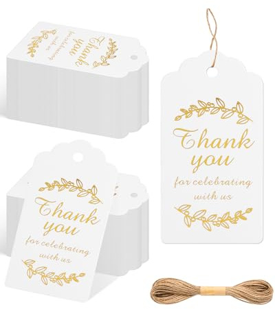 CharmeFleur 100 Pieces Thank You Gift Tags with String, White Paper Labels with Gold Embossing, 4 x 9 cm Hanging Tags for DIY, Weddings, Birthdays