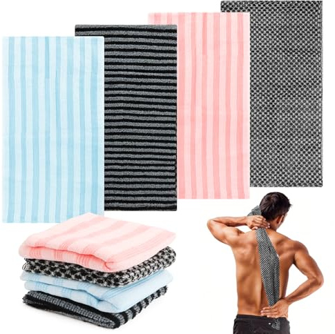 Exfoliating Shower Towel, 4 Stück Japanisches Peeling Handtuch, Extra Langer Exfoliating Shower Towel, Zweiseitiges Waschlappen Rückenschrubber für Reinigung, Spa, Bad und Dusche, Männer und Frauen