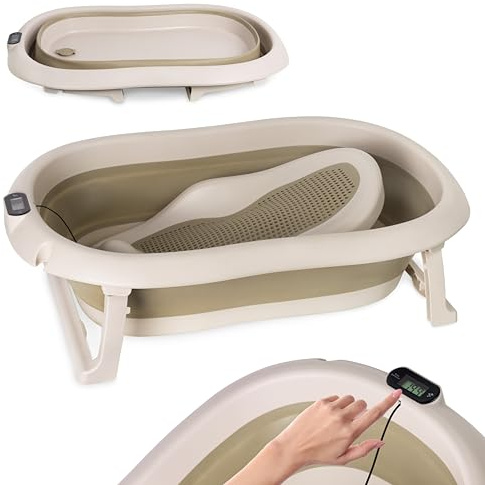 Baignoire pour bébé, pliable, beige, avec thermomètre et siège de bain, 80 cm, pour enfants de 0 à 36 mois, antidérapante, portable