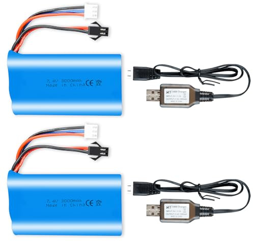 Lot de 2 batteries haute performance 7,4 V 3000 mAh 15C 2S avec connecteur SM-2P avec 2 chargeurs USB pour voitures RC, camions RC et bateaux RC