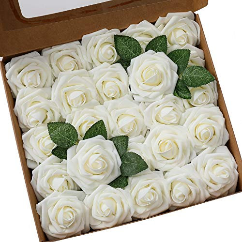 Ksnnrsng Rosa Rosse Artificiali, Fiori Artificiali Schiuma Teste di Rose Finti per DIY Matrimoni Mazzi Nuziale Festa Casa Decorazioni (25 Pezzi, Avorio)