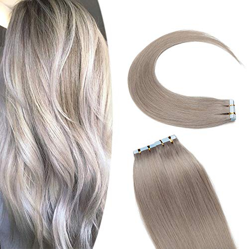 SEGO Tape Extensions Echthaar Klebeband 20 Stück Haarverlängerung 3G/pcs 100% Remy Human Haar Haarteile Grau 12(30cm)-50g