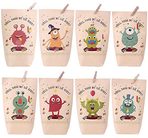 JOYGOGO Monster Geschenktüten, Bunt Geschenktüten mit 8 verschiedenen süßen Monstermotiven für Mitgebsel, Geschenke, Kindergeburtstage und Hochzeit Geschenk Papiertasche, Deko Taschen